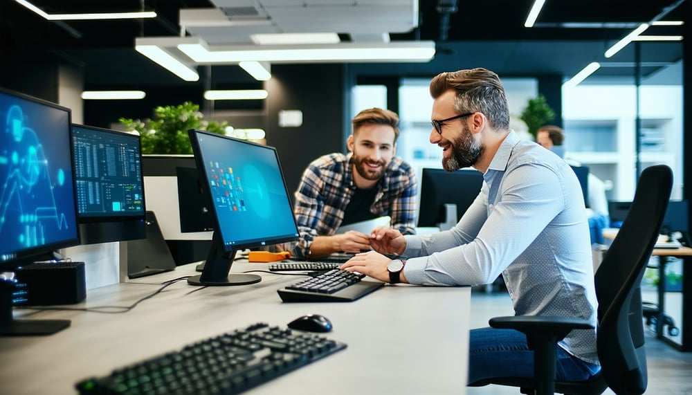 Professional IT service team assisting a business owner Professional IT service team assisting a business owner